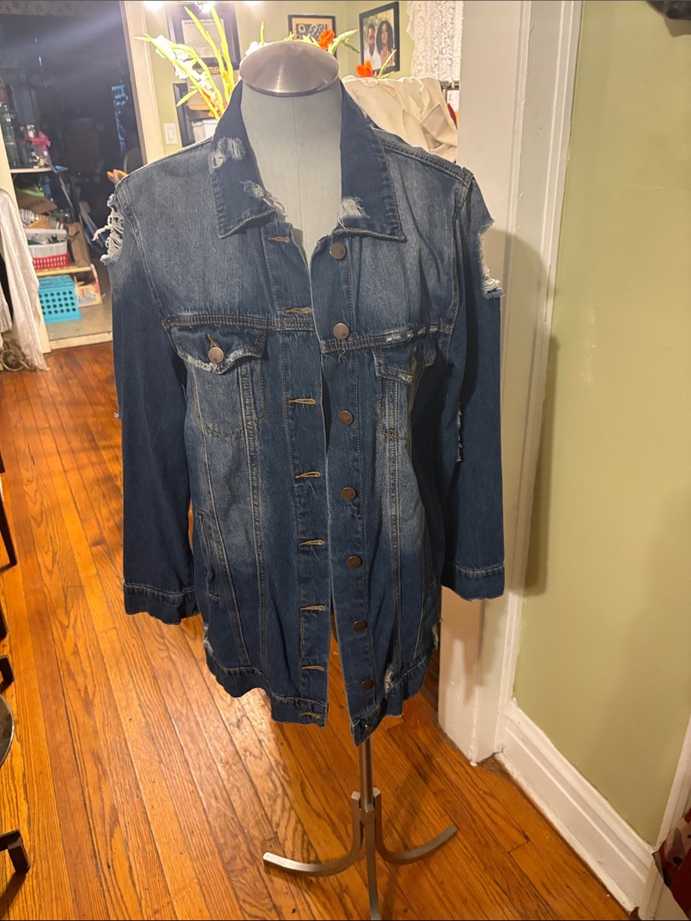 Women's Distressed Dark Blue Denim Trucker Jacket